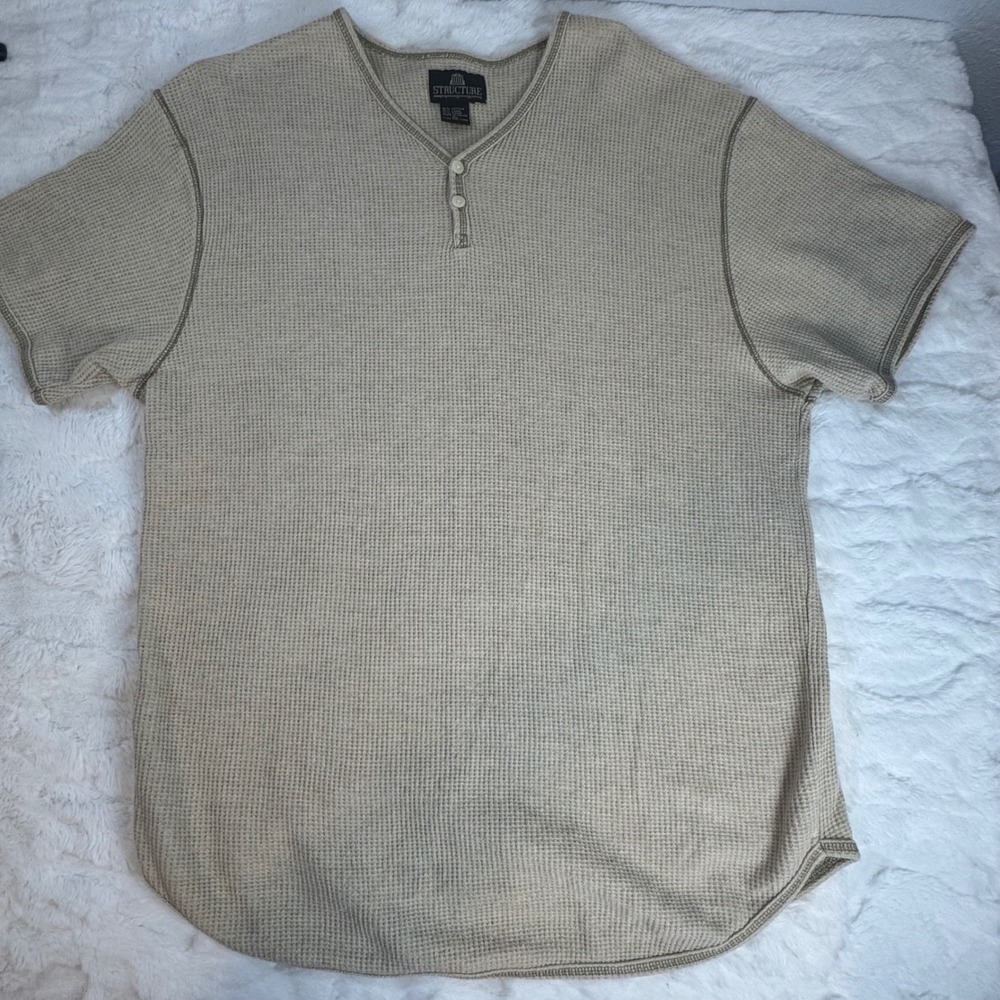 Structure Mens XL Tan Waffle Knit Henley Short Sleeve Cotton Linen Ramie Shirt